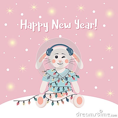 Ð¡ute rabbit in winter headphones is wrapped in a garland. Winter card with shining lights and snow. Happy New Year text Vector Illustration